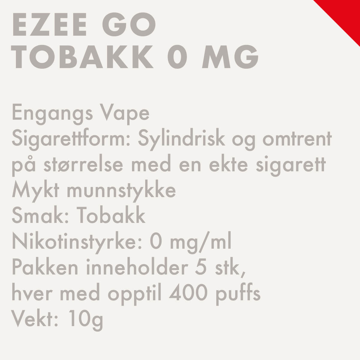 ezee go engangs vape e-sigarett tobakksmak uten nikotin